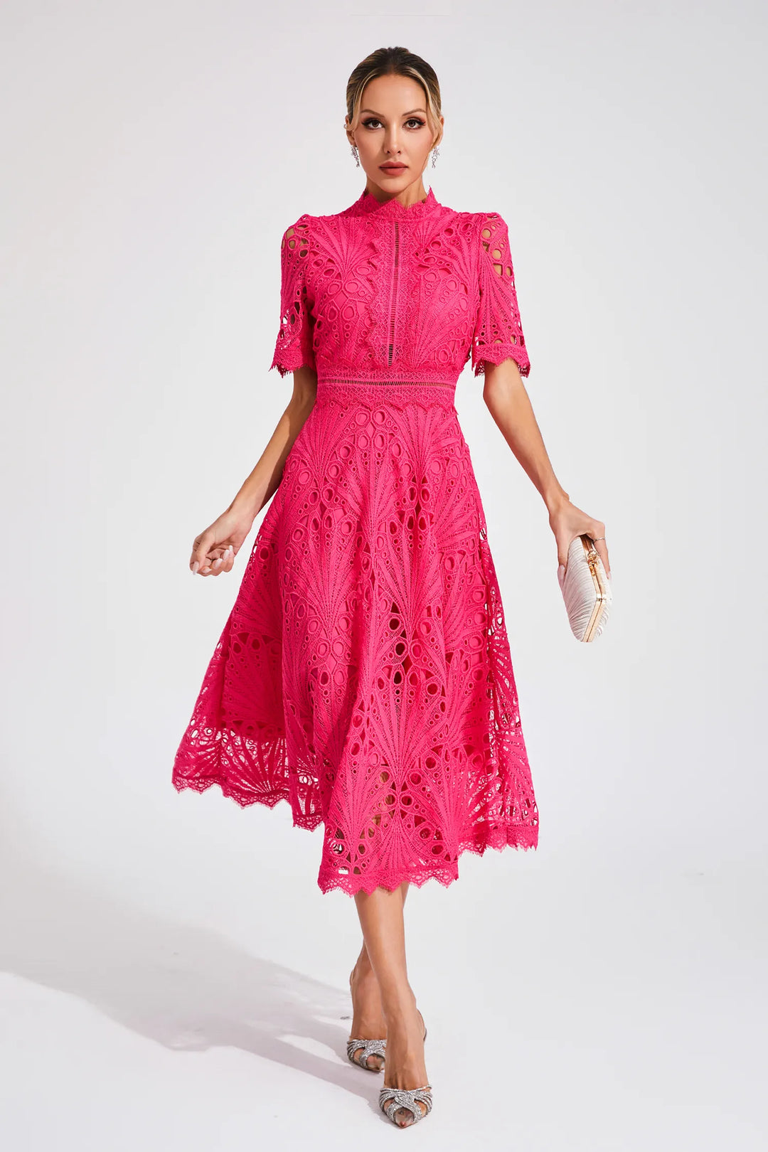 Women's elegant summer midi dress, lace overlay, perfect for weddings & garden parties.
