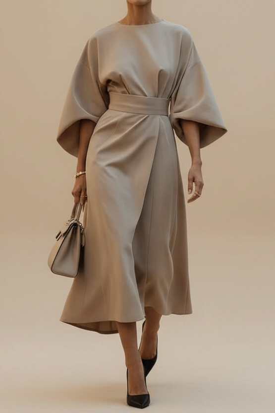 Stunning women's cocktail midi dress featuring voluminous lantern sleeves.