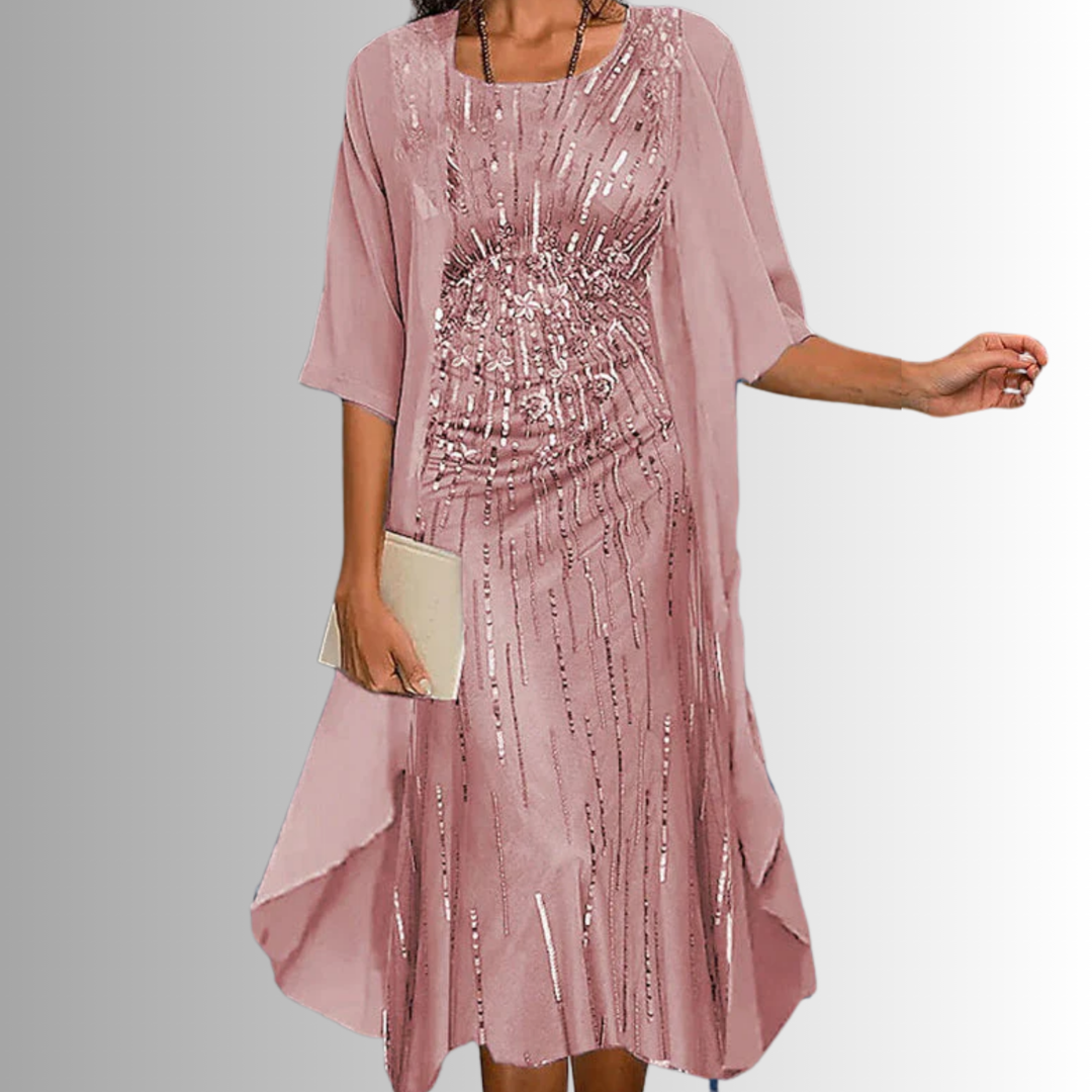 Beautiful women's floral midi dress set. Layered with an elegant open front duster for spring/summer.