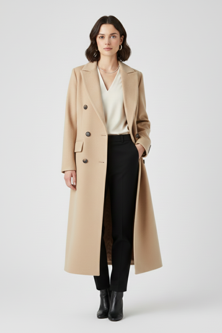 Versatile women's elegant fall coat, featuring a chic lapel and practical button-front closure.