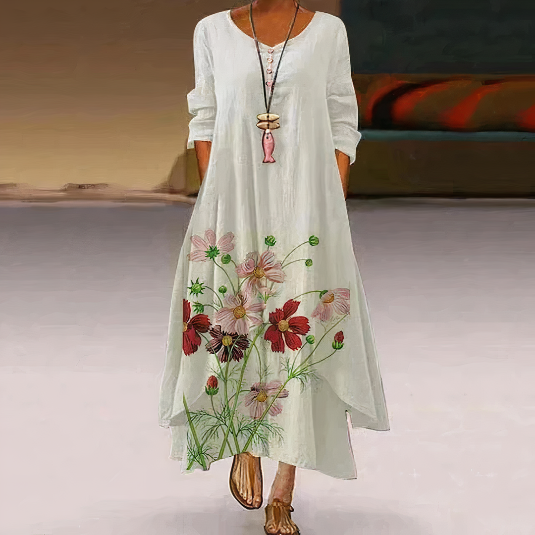 Elegant women's long-sleeve midi dress with vibrant print, perfect for spring fashion.