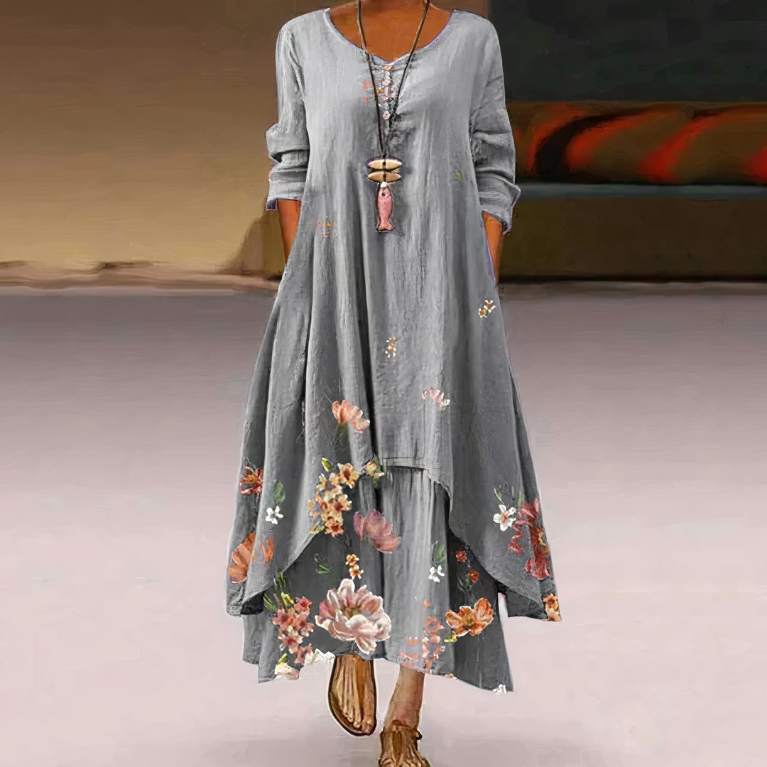 Women's casual printed long-sleeve midi dress, comfortable for everyday wear.