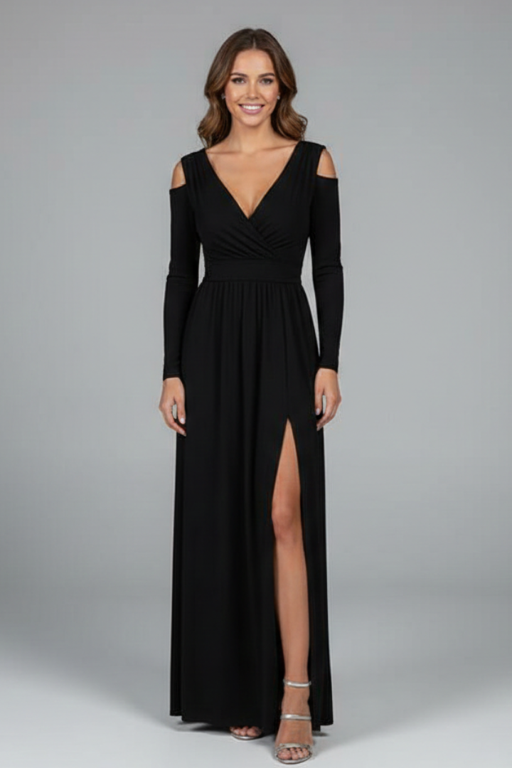 Chic women's formal long dress with a high side slit, V-neck, ideal for special occasion and evening wear.