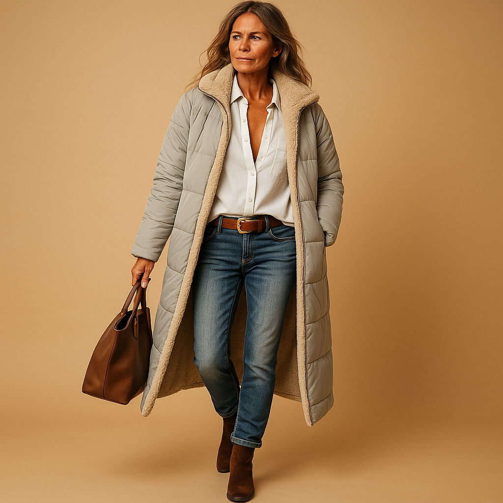 Women's long winter coat, a warm and elegant jacket for cold weather. Perfect stylish outerwear for winter fashion.