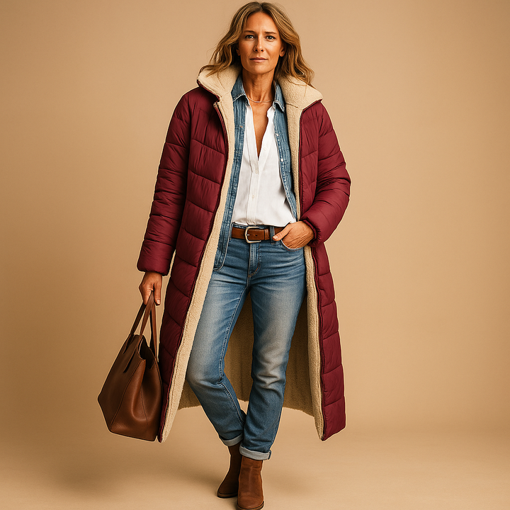 Elegant long winter coat for women, providing ultimate cold protection. A stylish and warm jacket for winter fashion.