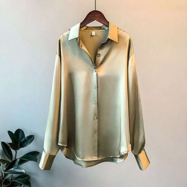 Elegant women's loose fit button down satin blouse, perfect for work or casual wear