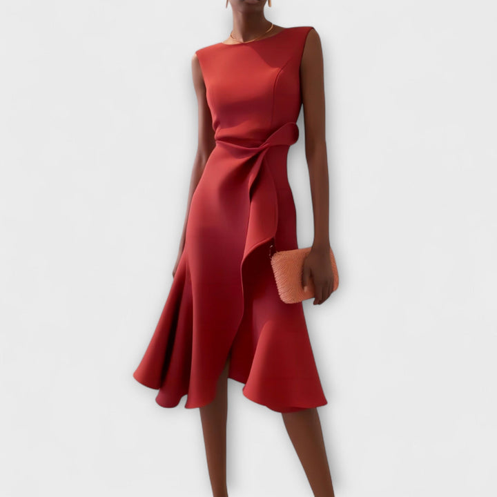 Elegant women's midi dress, perfect for sophisticated occasions. Chic sleeveless design.