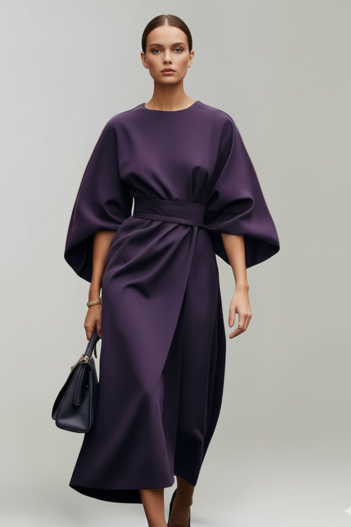 Elegant women's midi dress with wide sleeves, a flattering belted waist, and a comfortable round neck.
