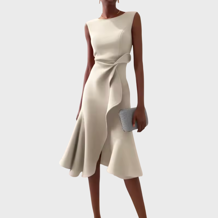 Close-up of the elegant wrap detail and ruffle hem on a women's sleeveless midi dress.