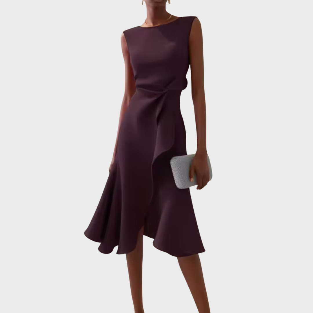 Versatile women's elegant midi dress: sleeveless, ruffle hem, wrap design, suitable for day or night.