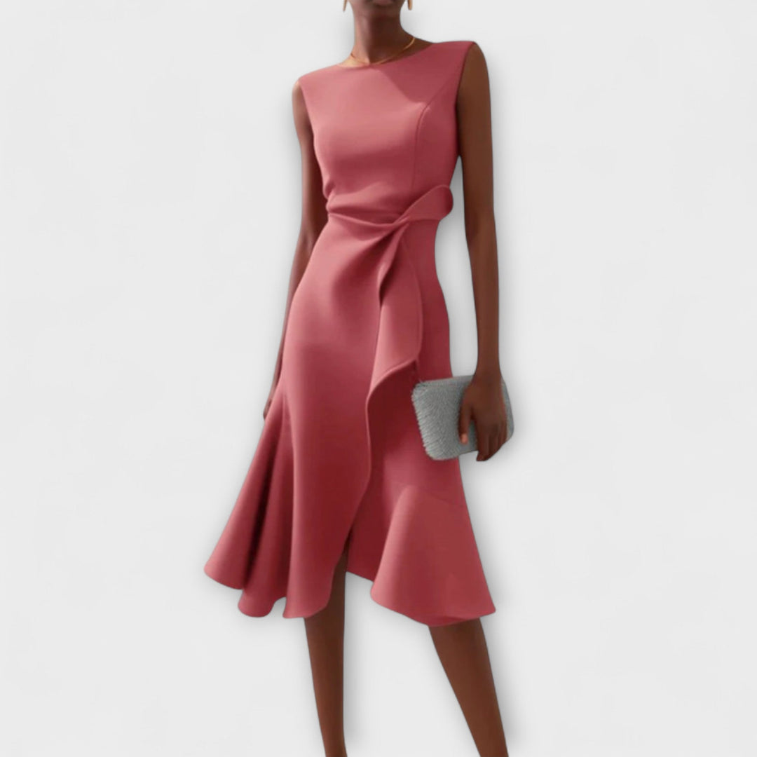 Stylish party dress for women: sleeveless midi with ruffle hem, wrap detail, and round neck.