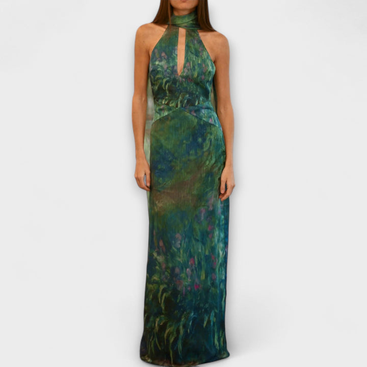 Elegant women's Monet Iris print maxi dress with a high neck, perfect for summer evenings & special occasions.