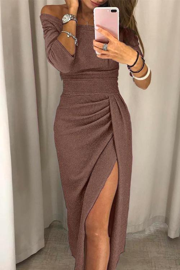 Elegant women's off-shoulder evening dress with a stylish leg split, perfect for formal occasions or parties.