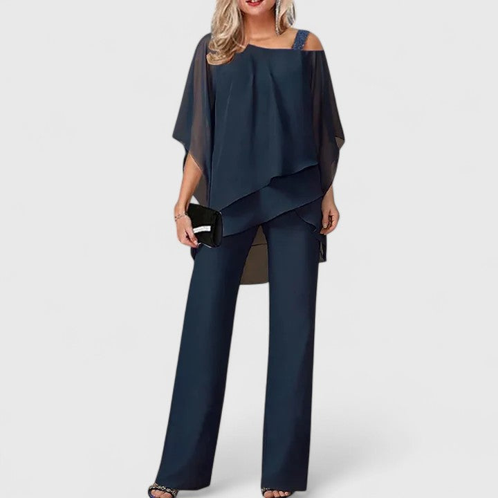 Formal women's off-shoulder matching set with elegant wide-leg trousers for special occasions & evening.