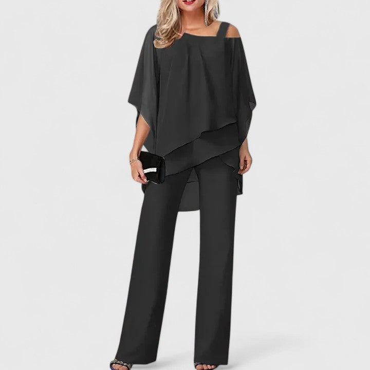 Party-ready off-shoulder two-piece set for women with flowy wide-leg pants, a sophisticated evening outfit.