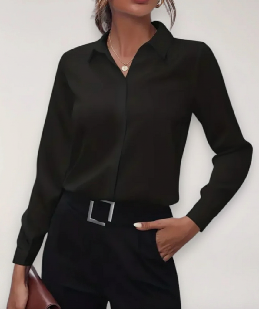 Elegant women's office blouse, a professional button-down long-sleeve top perfect for business attire & career wear.