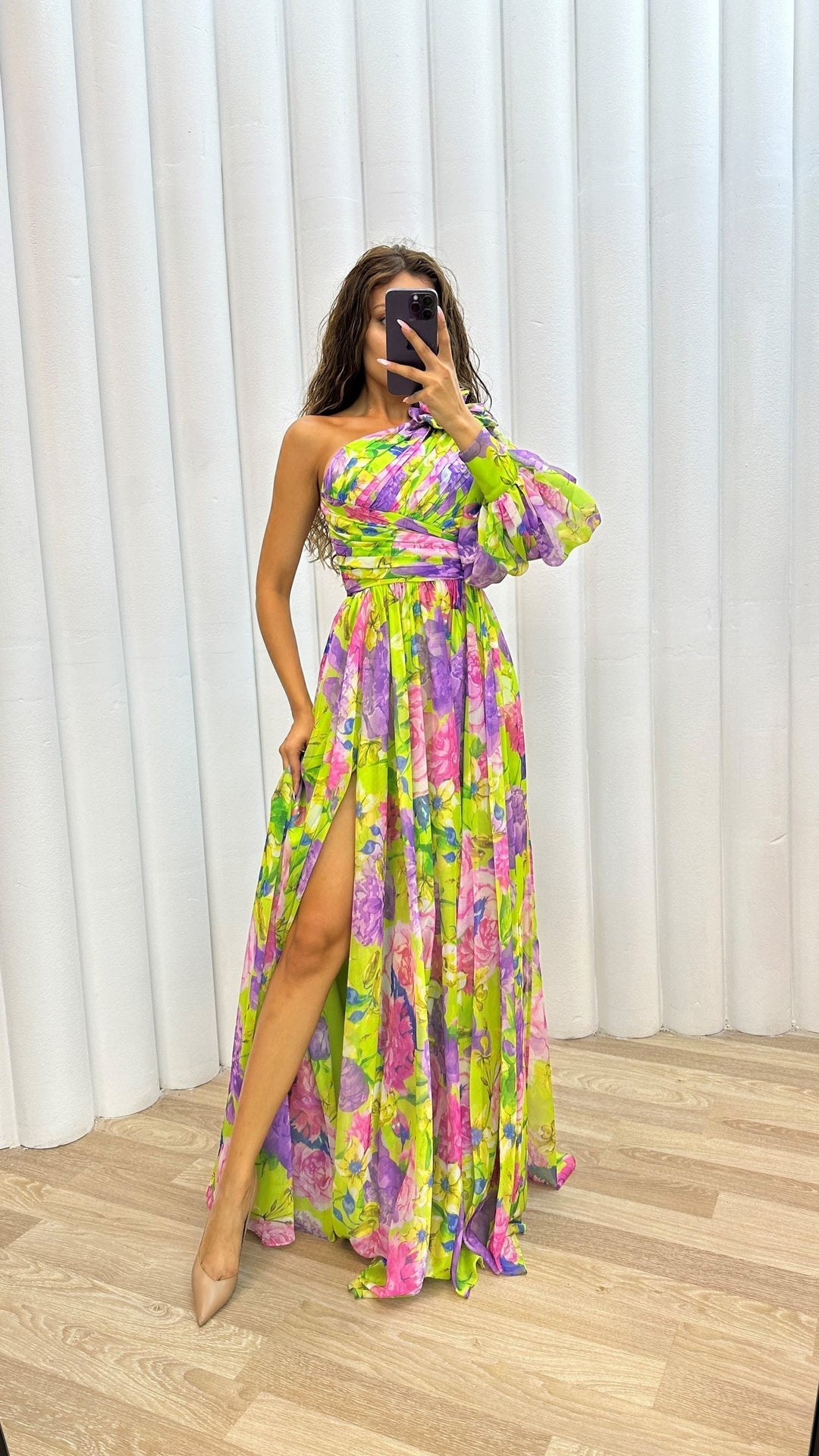 Elegant & comfortable women's floral one-shoulder maxi dress with a flowing split for summer fashion.
