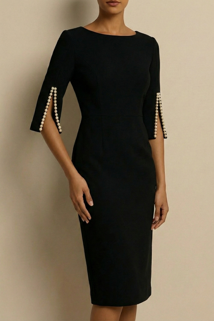 Chic women's pearl trim bodycon midi dress with split sleeves, ideal for wedding guests & formal events.