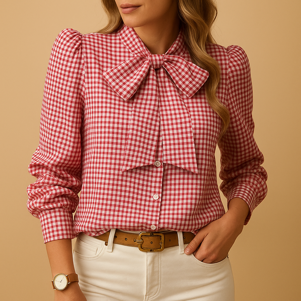 Elegant women's plaid blouse with chic bow detail. Perfect for work or sophisticated casual wear.