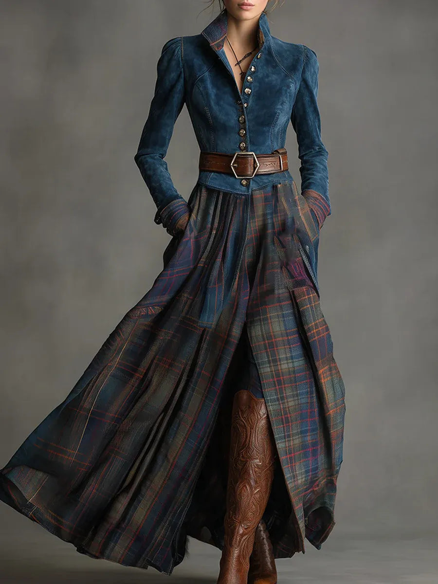 Fashionable long-sleeve women's plaid maxi dress with fitted bodice and flowing skirt, suitable for fall and winter elegance.
