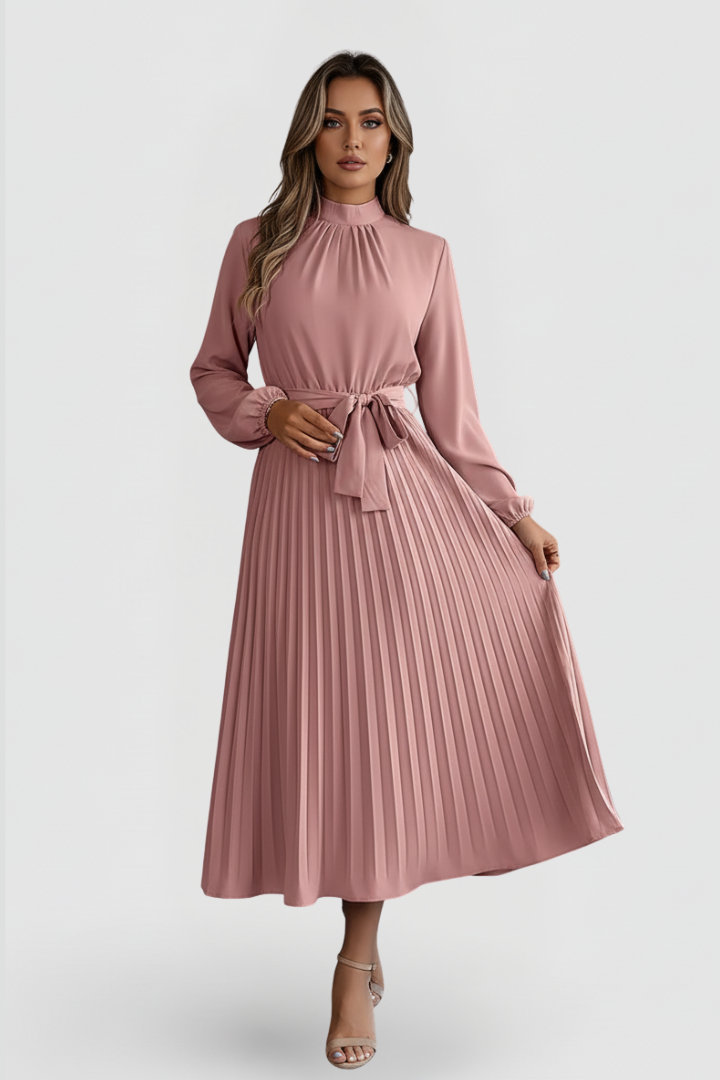 Beautiful long sleeve pleated midi dress for women, featuring a sophisticated waist tie. Great for special occasions.