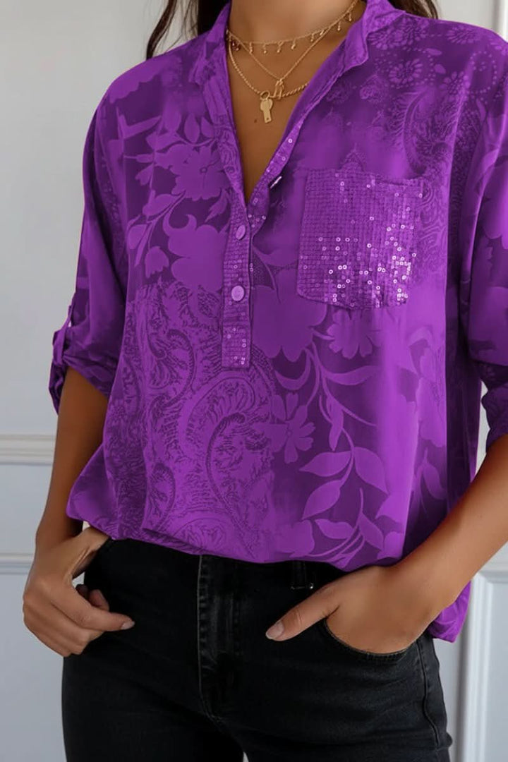 Everyday elegant women's printed blouse with a front pocket. Long sleeve, loose fit, perfect for casual or dressed up.