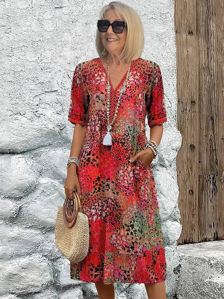 Stylish floral printed V-neck midi dress for women, A-line, comfortable for everyday or vacation.