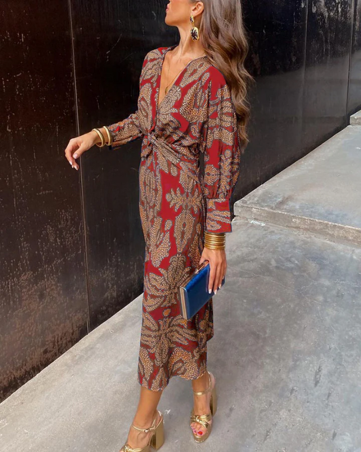 Sophisticated women's printed maxi dress, V-neck, long sleeves; perfect as a wedding guest or evening gown.