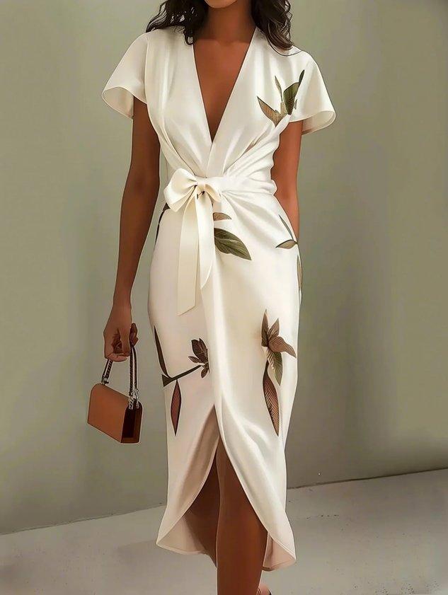Elegant women's printed V-neck wrap midi wedding guest dress with flutter sleeves & tie waist for formal events.