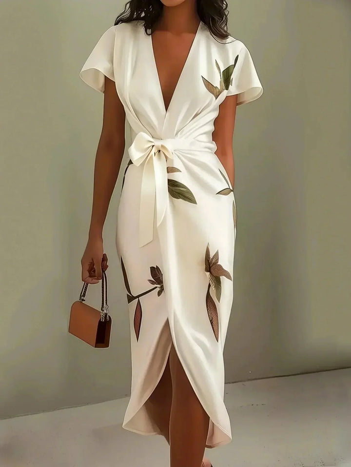 Women's V-neck wrap midi dress, printed for wedding guests. Features flutter sleeves & adjustable tie waist.