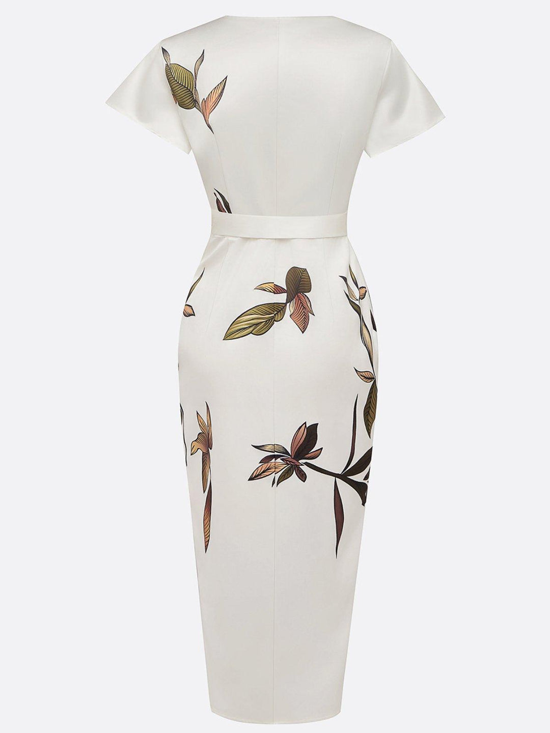Flowy women's printed V-neck wrap midi dress with flutter sleeves. Ideal formal or cocktail party guest attire.