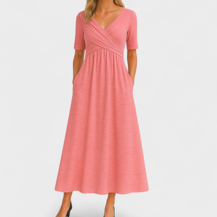 Stylish women's elegant A-line wrap dress, a versatile midi perfect for semi-formal events or cocktail parties.