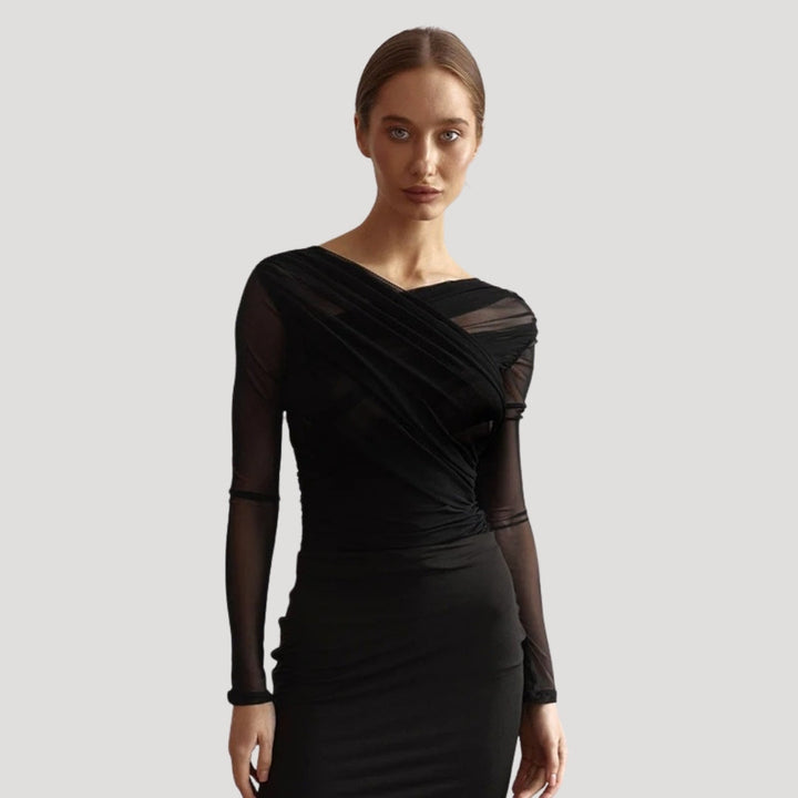 Elegant women's sheer wrap long-sleeve top in black, perfect for spring fashion and versatile wear.