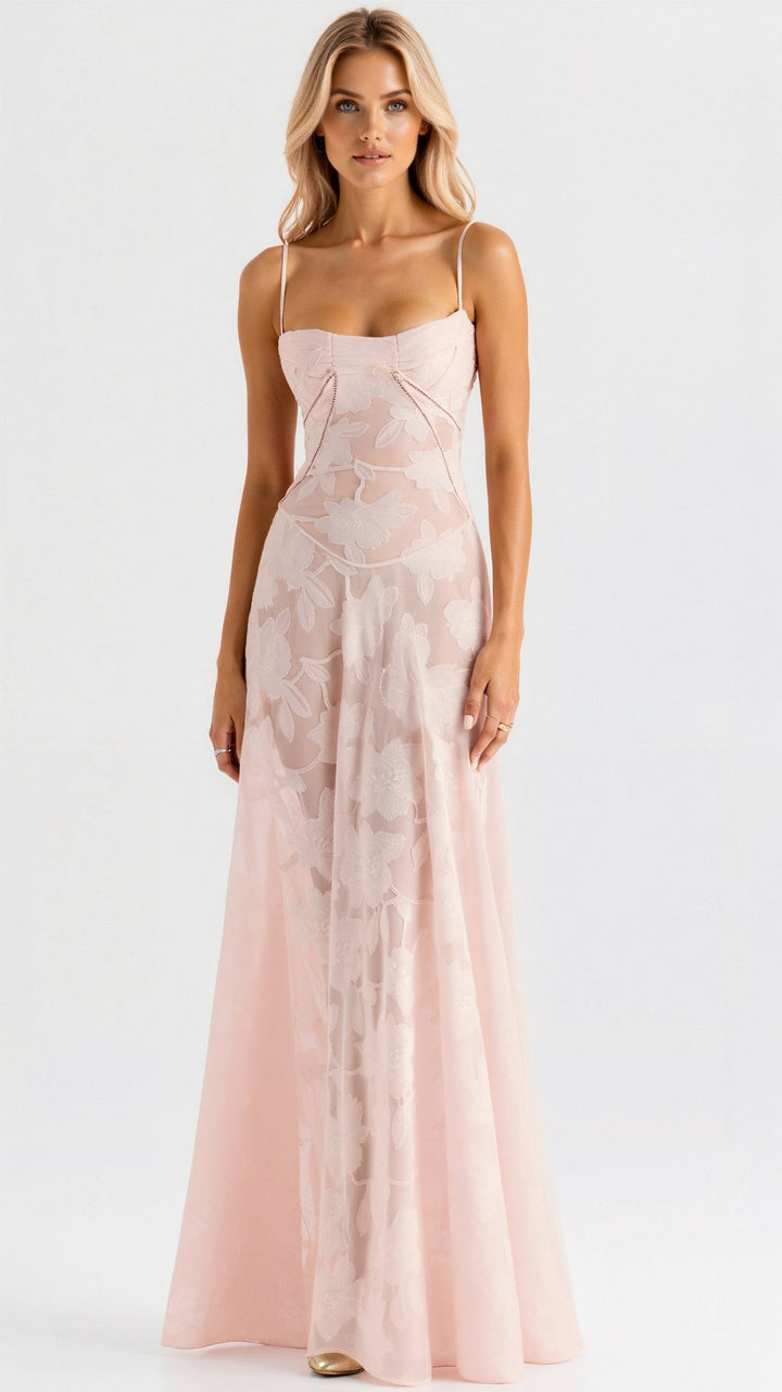 Elegant women's sleeveless bustier maxi dress, ideal for a wedding guest or formal evening event