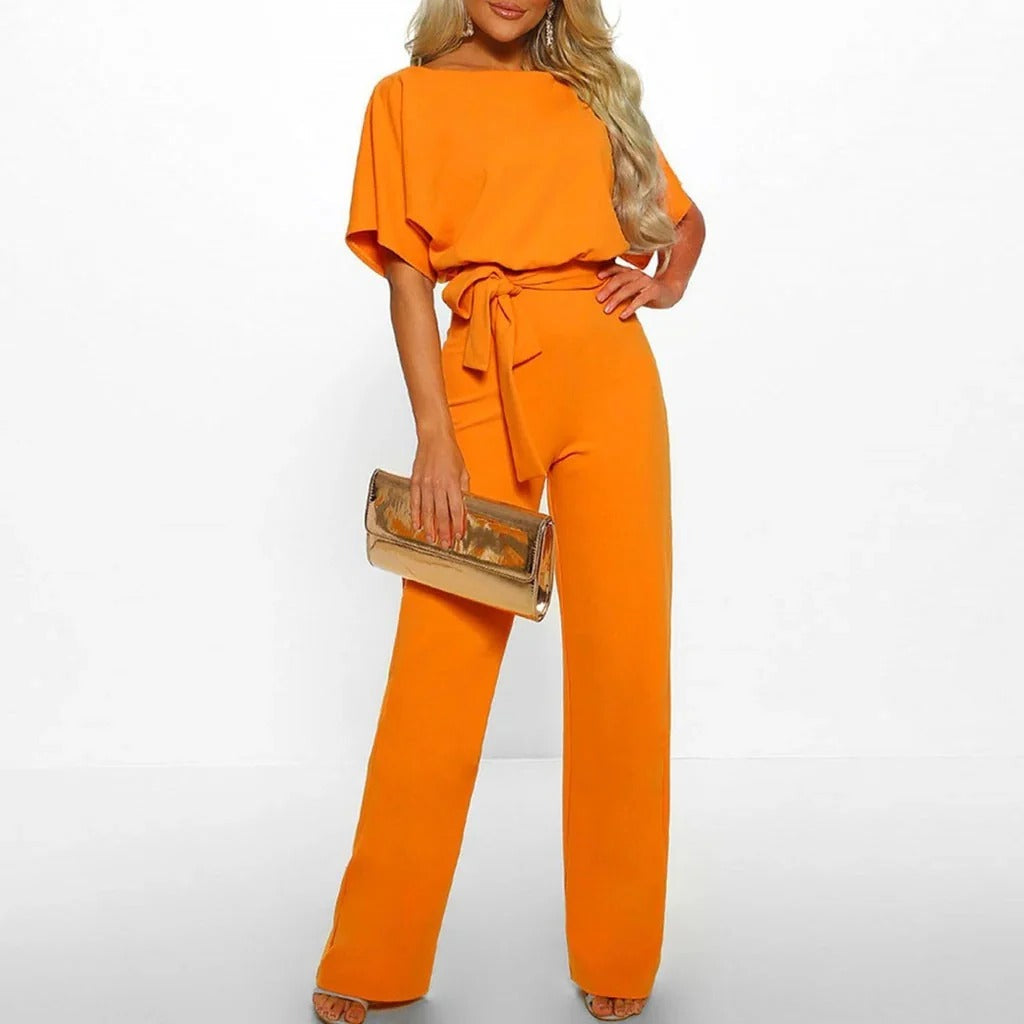 Modern women's solid color elegant jumpsuit. Stylish, comfortable, and versatile one-piece fashion.