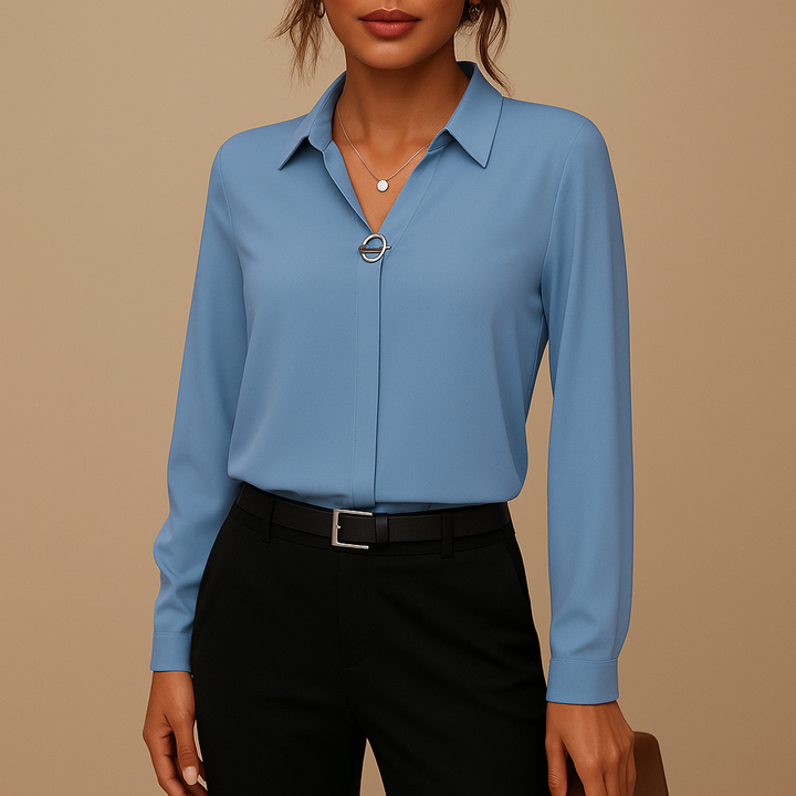 Women's elegant solid tailored fit blouse. Versatile long-sleeve top, ideal for office and sophisticated casual wear.