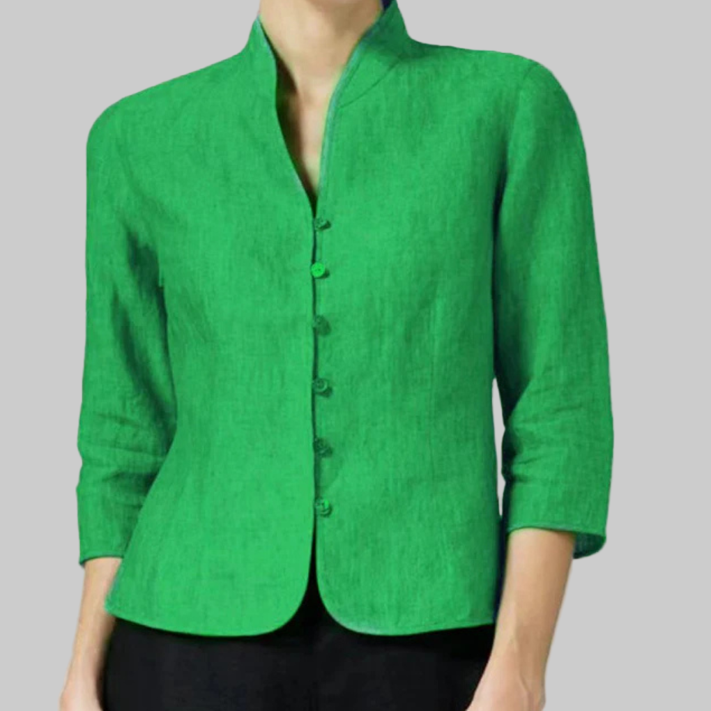 Chic women's workwear blouse, featuring a stand collar and three-quarter sleeves for a polished, elegant look.