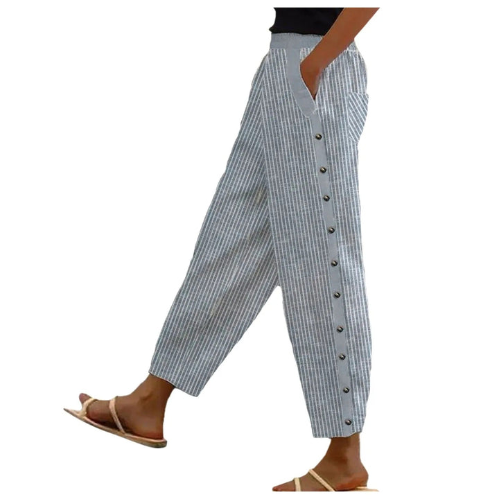 Chic women's high-waist striped trousers, versatile for workwear, spring fashion, or elegant casual outfits.