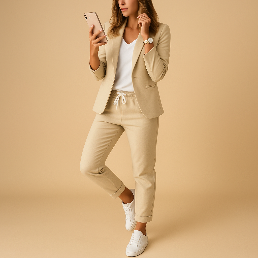 Stylish women's two-piece suit: tailored blazer & trousers for a professional look, versatile for office or events.
