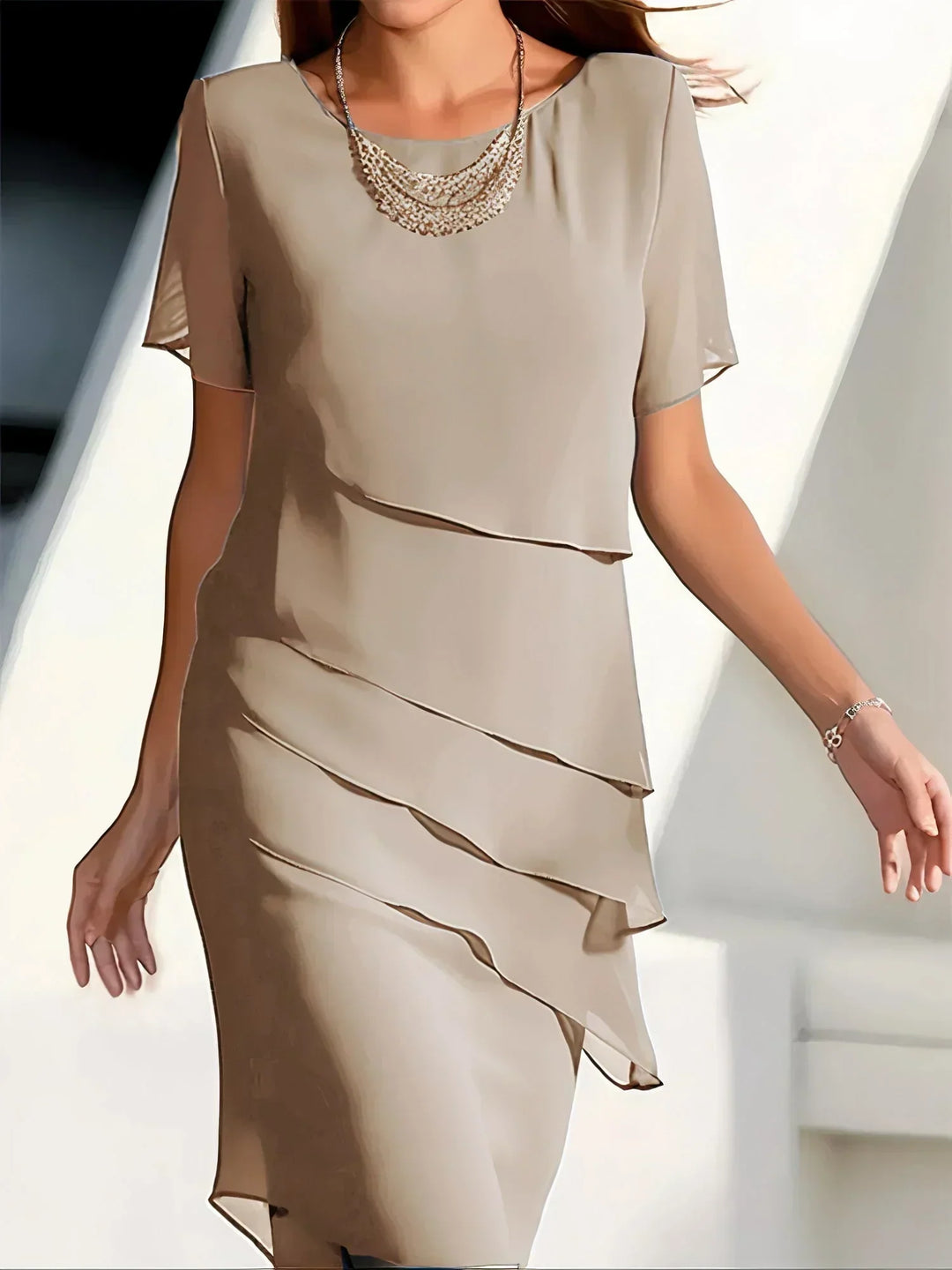 Stylish women's elegant tiered ruffle midi dress, versatile for parties, daytime, or special events. Flowy look.