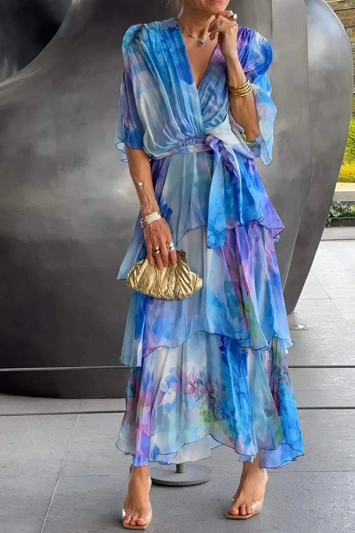 Women's formal tiered wrap dress in a beautiful print. An elegant choice for parties & special occasions.