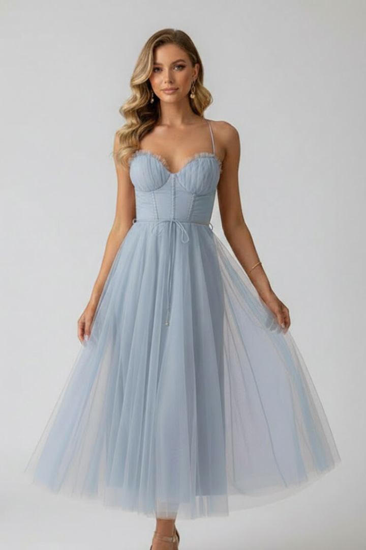 Elegant A-line women's tulle midi dress with sweetheart neckline, flowing skirt, perfect for formal events.