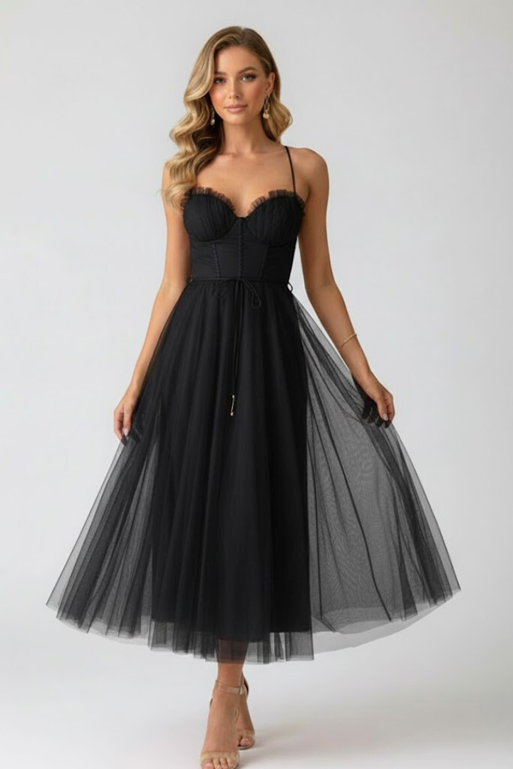 Layered tulle midi dress for women, elegant sweetheart neckline & flowing skirt. Ideal for evening events.