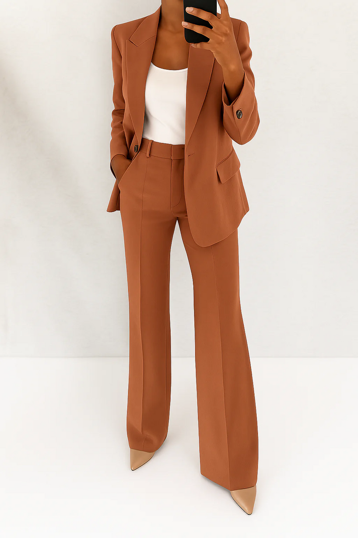 Chic women's tailored blazer and wide-leg pant set. A modern two-piece outfit for professional, formal, and evening events.