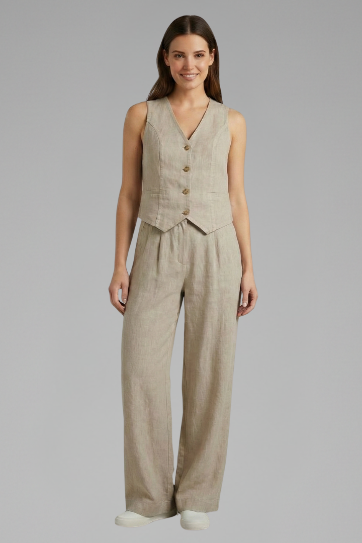Women's sleeveless V-neck waistcoat & matching wide-leg trousers. High-waist pants for a chic, versatile look.