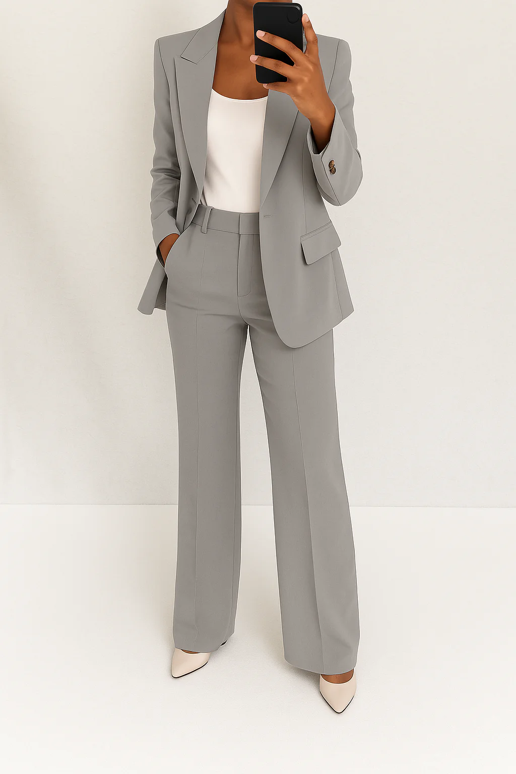 Stylish women's coordinated blazer & straight-leg pants set, ideal for business casual or formal events.