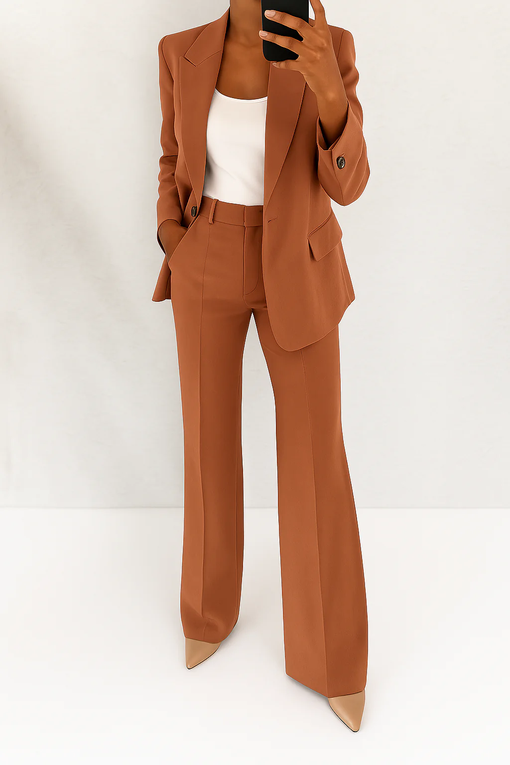Sophisticated women's tailored blazer, part of an elegant two-piece suit, designed for office professionalism.