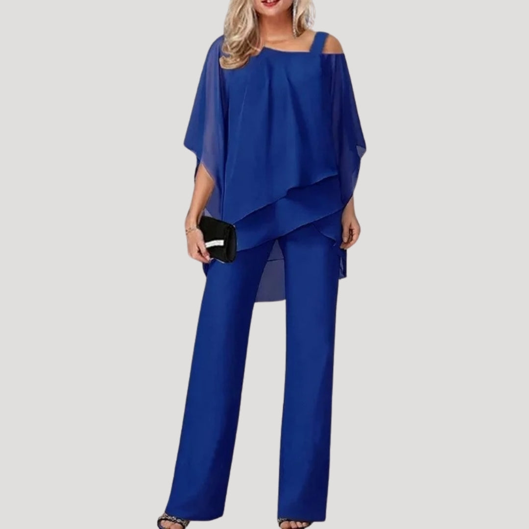 Elegant women's two-piece trouser set with asymmetric top & wide-leg pants for special occasions, wedding guest.