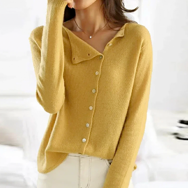 Comfortable women's button-up V-neck sweater, a versatile piece of elegant long sleeve knit apparel