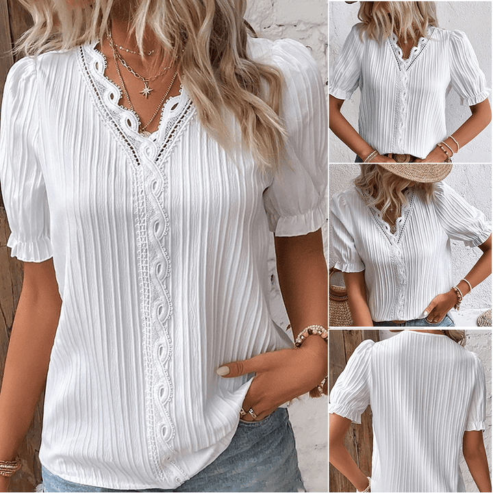 Side view of a woman wearing a V-neck blouse with lace, ideal for a chic, casual summer look